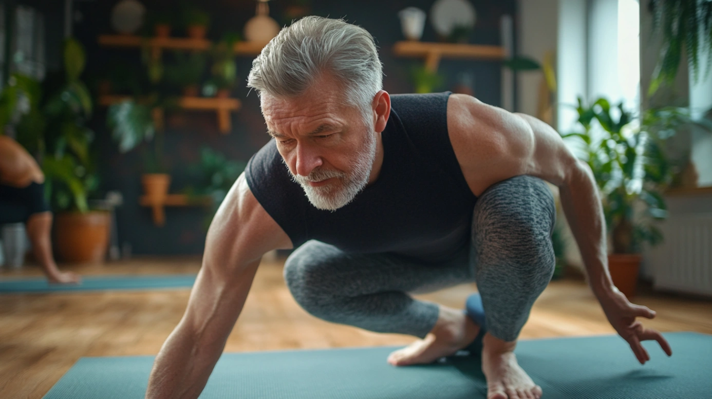 Літній чоловік виконує балансуючу позу йоги з підтримкою інструктора в студії