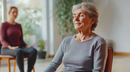 Літня жінка практикує йогу на стільці під керівництвом уважного інструктора