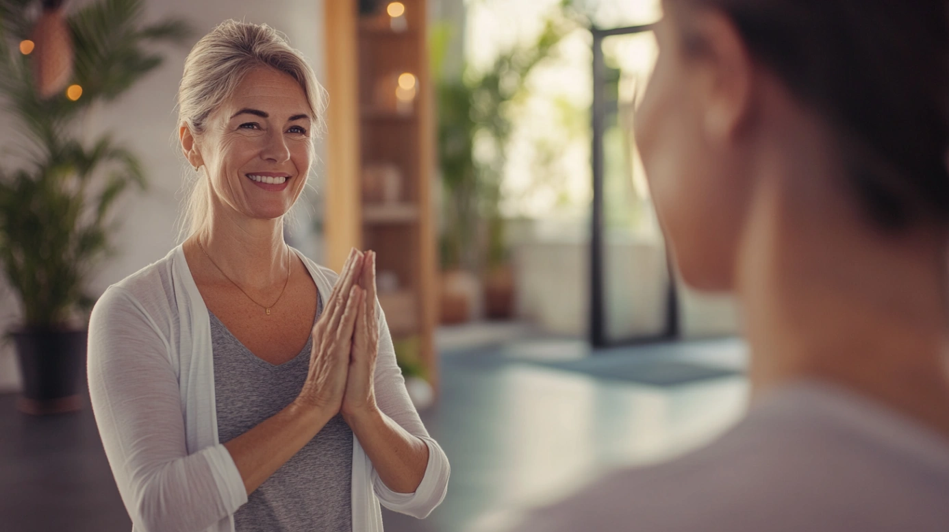 Привітний інструктор вітає нового учасника у вхідній зоні студії йоги