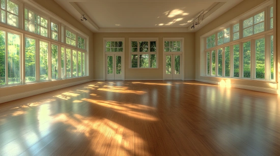 Просторий зал для йоги з дерев'яною підлогою та великими вікнами