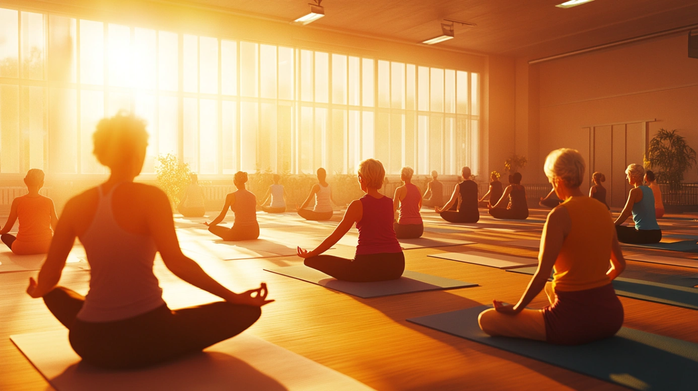 Група літніх людей на занятті з йоги в спокійній обстановці
