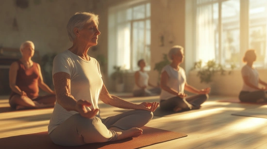 Група літніх людей практикує м'яку йогу в просторому залі з природним освітленням