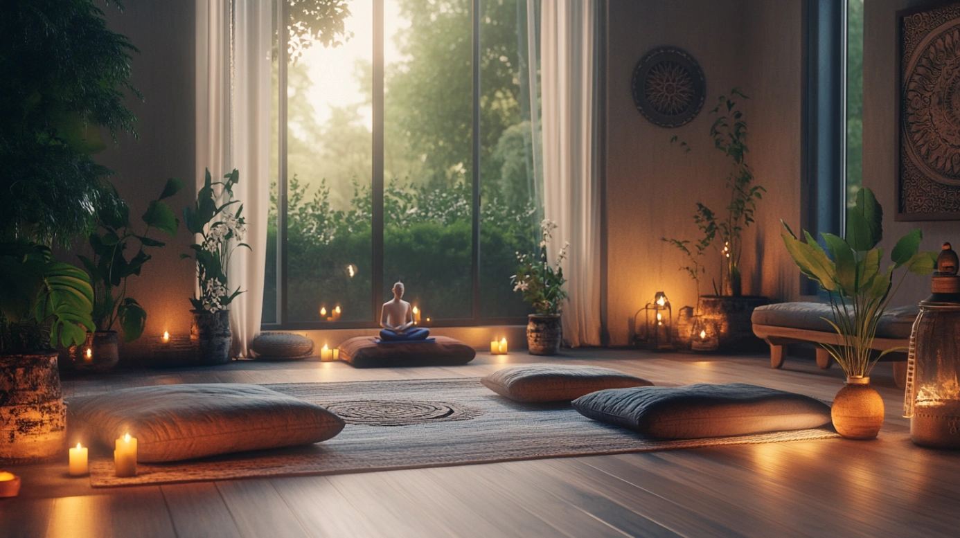 Спокійна медитативна обстановка в студії зі свічками, декоративними елементами та рослинами