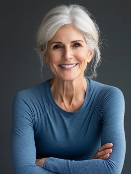 Ніна Лисенко - інструктор йоги на стільці, енергійна жінка старшого віку у спортивному одязі