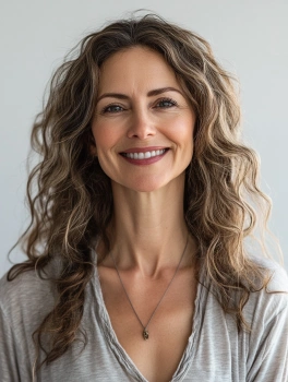 Ольга Петренко - інструктор йоги з 15-річним досвідом, усміхнена жінка середніх років у зручному одязі для йоги